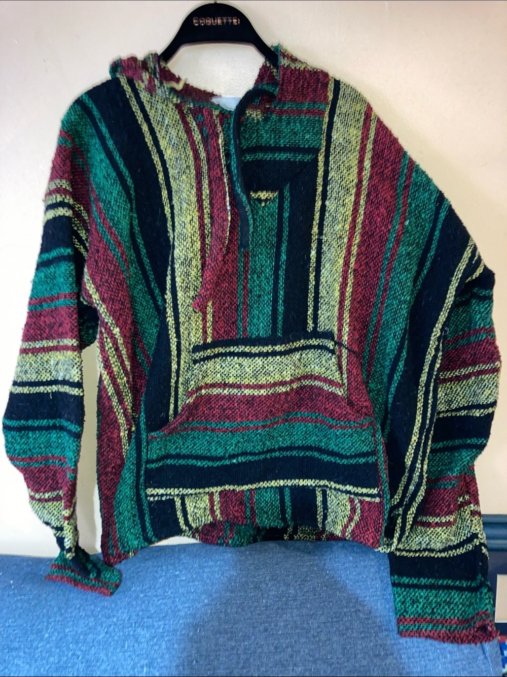 Oland Striped Hooded Baja Pullover in Green, Burgundy & Black